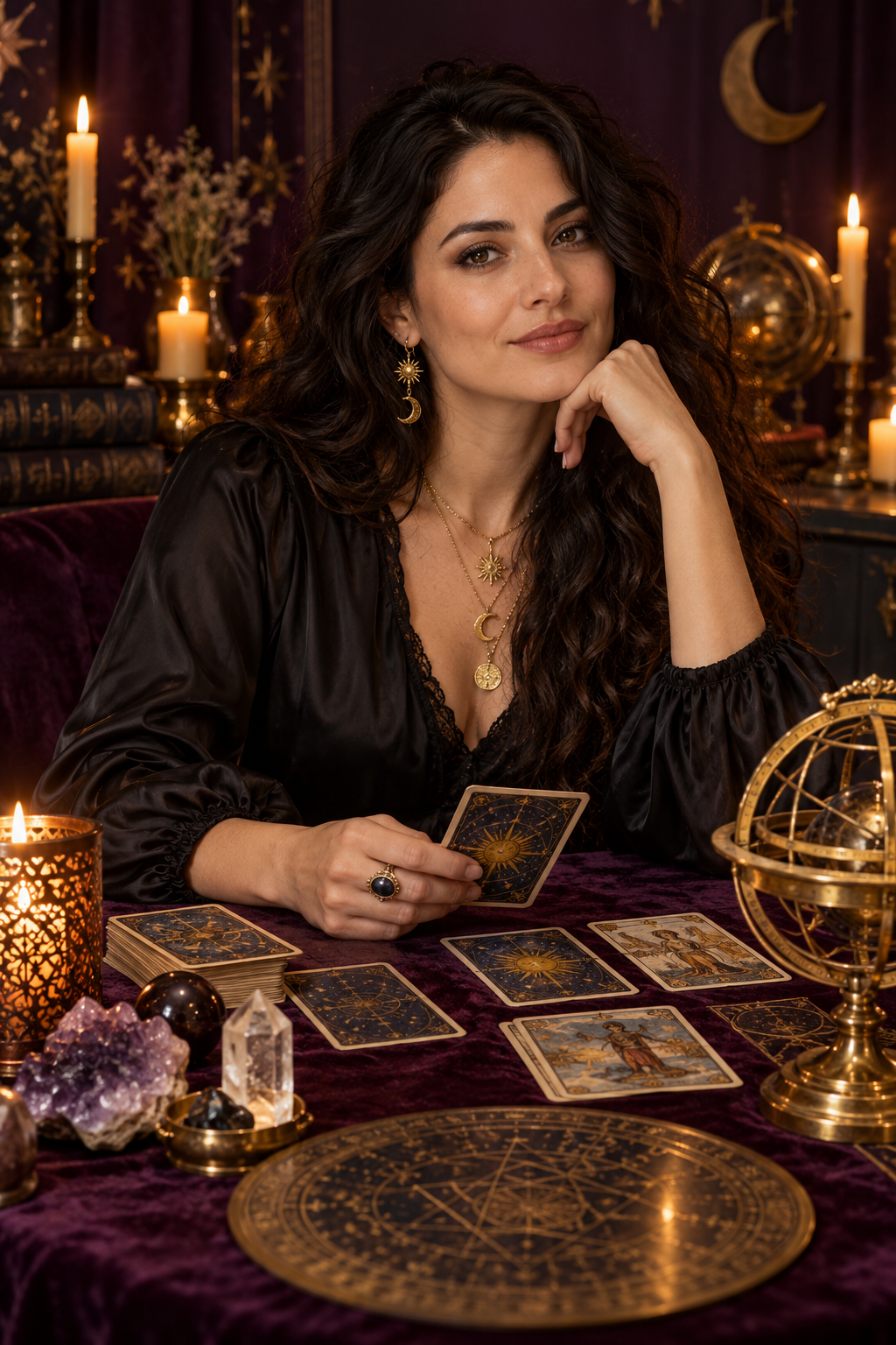 An imagined astrologer with tarot cards in a candlelit studio